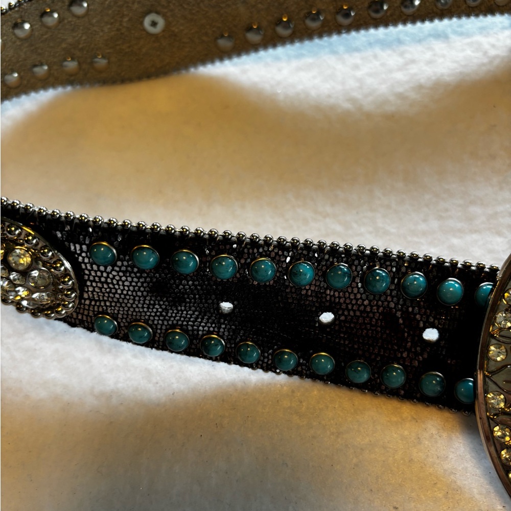 Women’s Angel Ranch Turquoise Studded Western Belt L Rhinestone Buckle Leather - Picture 15 of 16